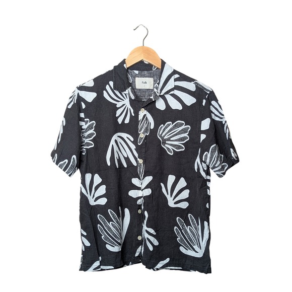 Folk Other - Folk Button Down Shirt Mens S Black White Abstract‎ Shell Print Linen Blend 2199